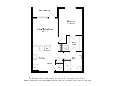 Floor plan for 1 bed, 1 bath, 665 sqft